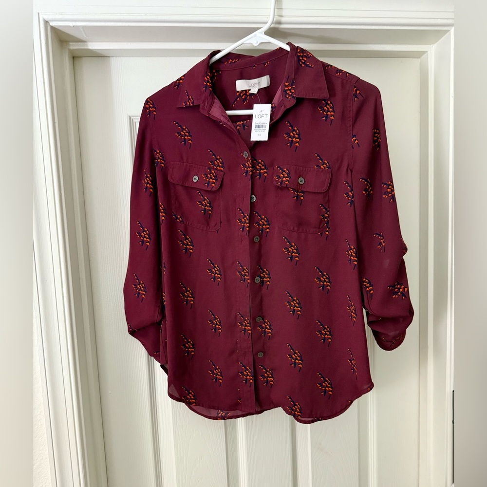 NWT LOFT Maroon & Orange Floral Button-Down Shirt - XS - Picture 5 of 8